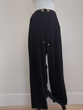 Ellen Tracy Black Wide-Leg Pull-On Drawstring Pants with Gold Accents